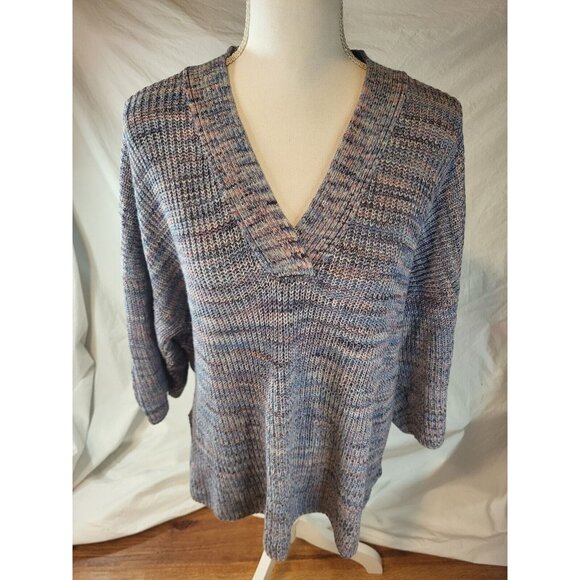 J Jill Sweater Top Knit XL Easy Drop Shoulder 3/4 Sleeve Vneck Blue Jasper Multi - Picture 1 of 5